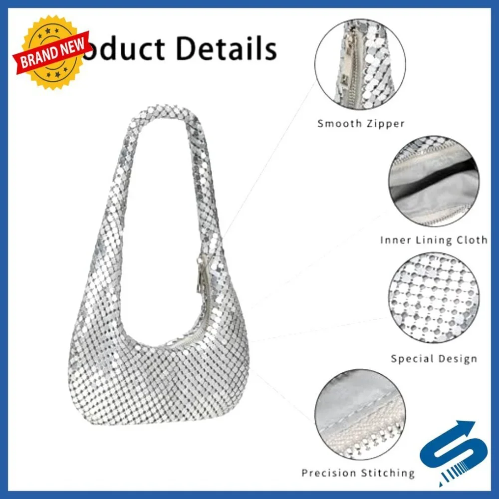 Metallic Evening Hobo Bag Shiny Moon Shape Shoulder Purse Chic Party